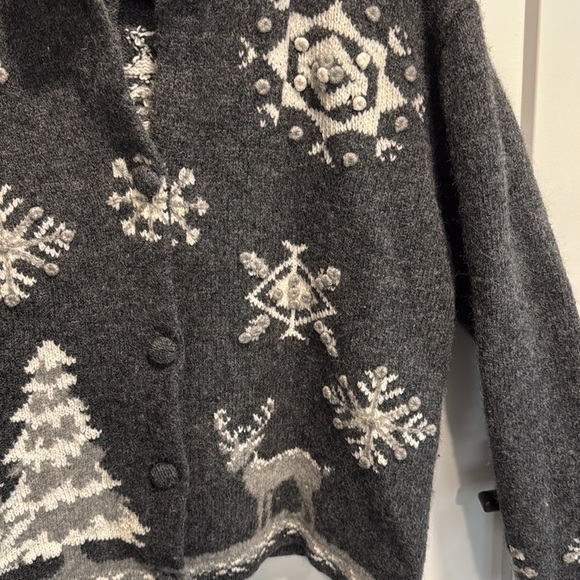 Woolrich Wool Cardigan Winter Snowflakes Deer Charcoal Gray White Large - Picture 4 of 15
